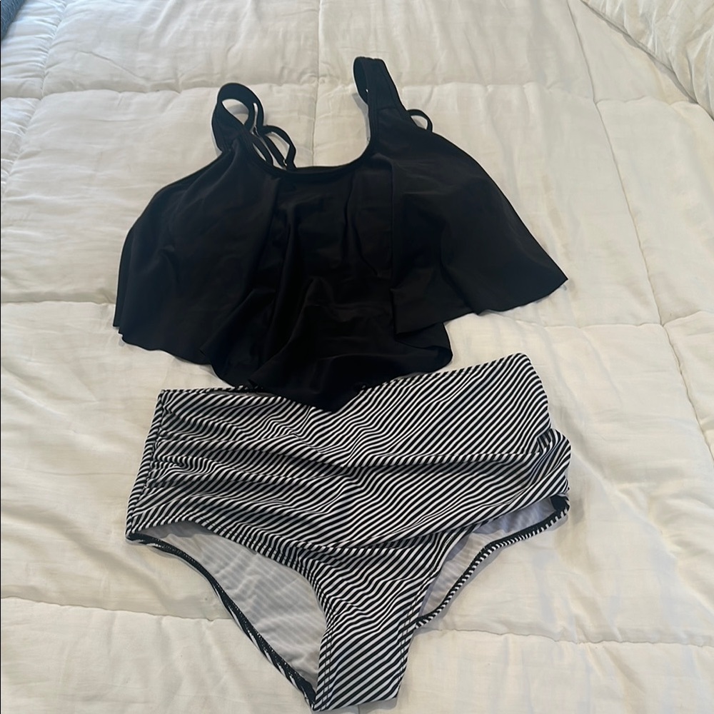 Black Top and Striped high waisted Bikini, size medium